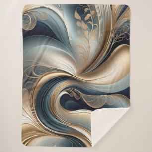 Golden Serenade - Teal & Gold Abstract Floral Sherpa Blanket
