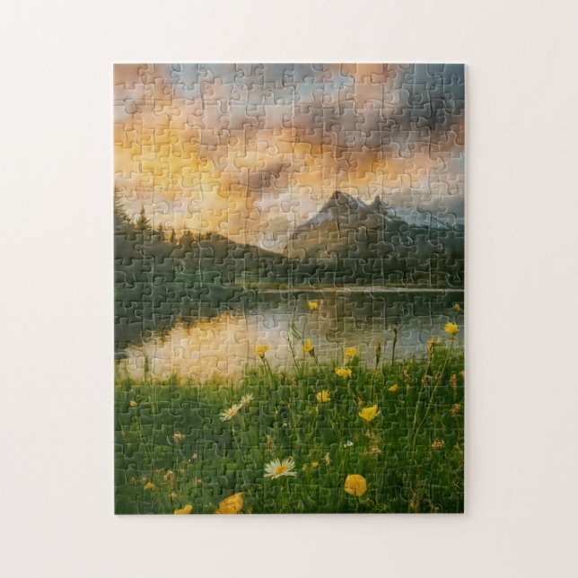 Golden Serenity: Mountain Lake Puzzle (Vertical)