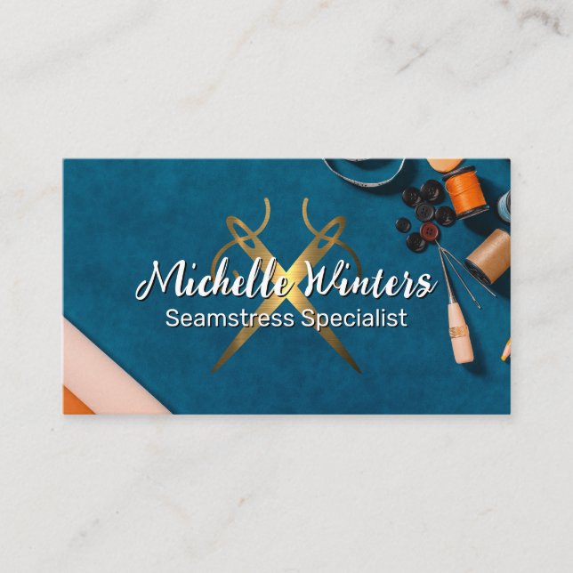 Golden Sewing Needles | Sewing Kit Tools Business Card (Front)