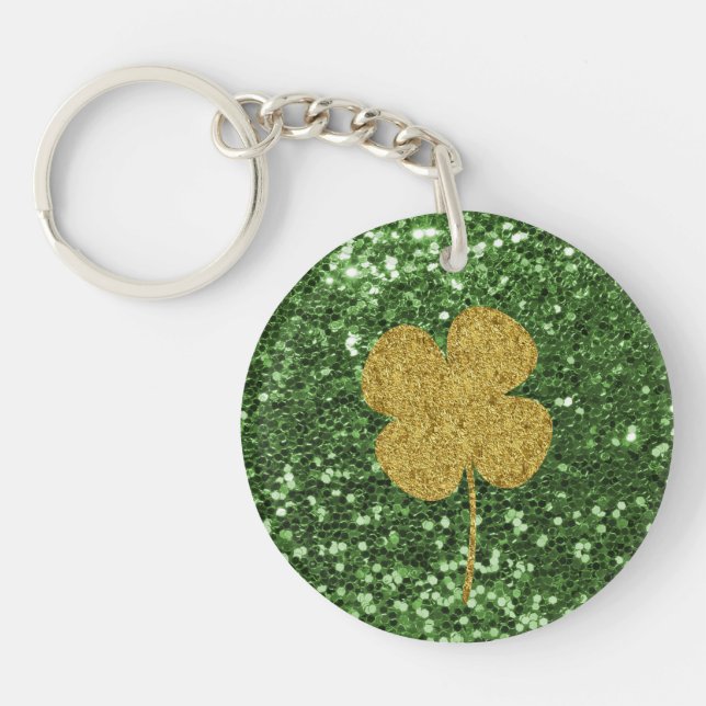 Golden Shamrock Green Faux Glitter Keychain (Front)