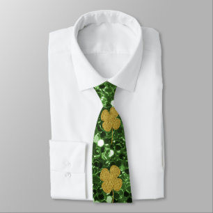Golden Shamrocks Green Faux Glitter Tie
