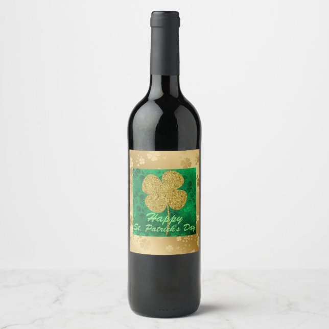 Golden Shamrocks Green Floral Wine Label (Front)