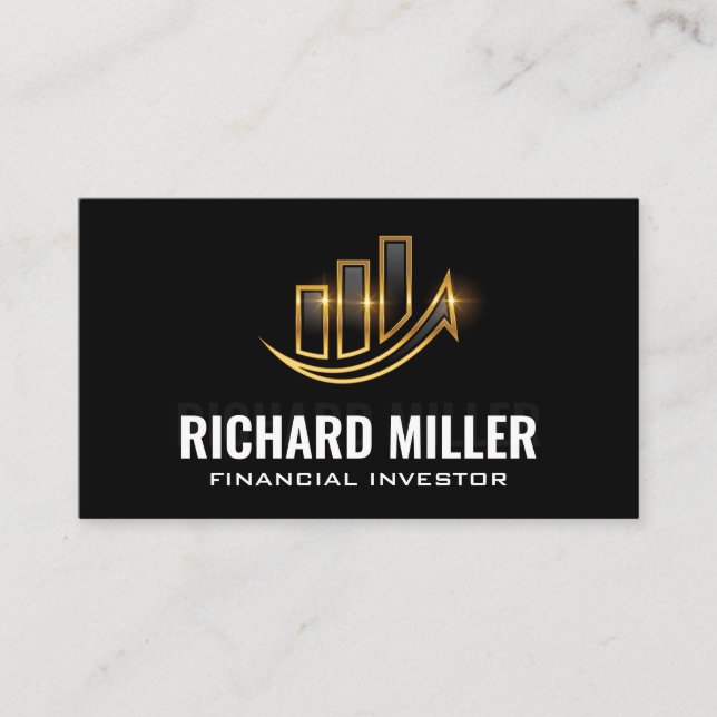Golden Shine Bar Graph Financial Logo Business Card (Front)
