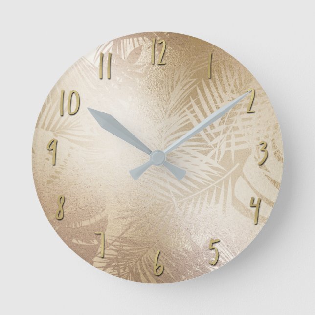 Golden Shine Botanical Tropical Palm Tree Leaves Round Clock (Front)