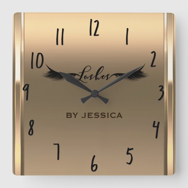 Golden Shine Ivory Lashes Salon Personalized Square Wall Clock (Front)