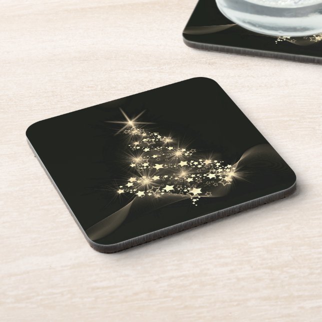 Golden Shine of Stars on Christmas Tree Dark  Coaster (Left Side)