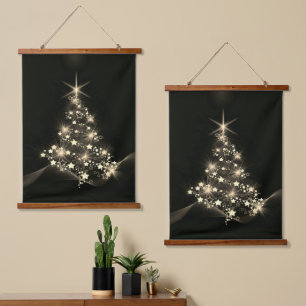 Golden Shine of Stars on Christmas Tree Dark  Hanging Tapestry