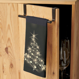 Golden Shine of Stars on Christmas Tree Dark Kitchen Towel