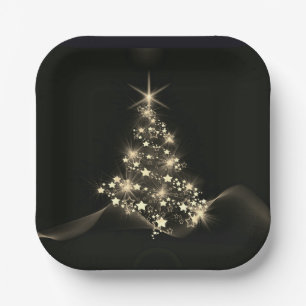 Golden Shine of Stars on Christmas Tree Dark  Paper Plate