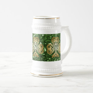 Golden Shining Celtic Shamrock Green Faux Glitter Beer Stein