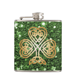 Golden Shining Celtic Shamrock Green Faux Glitter Hip Flask