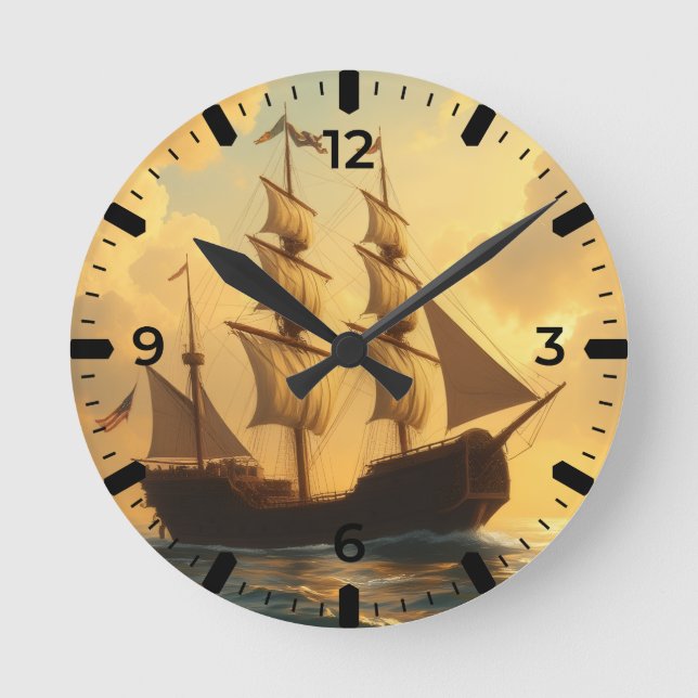 Golden Ship Round Clock (Front)