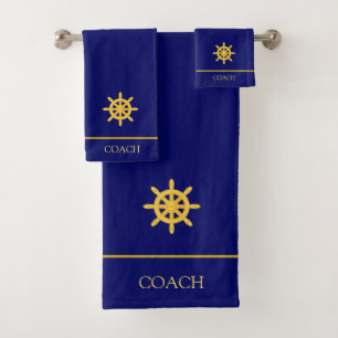Golden Ship Steering Wheel & Text on Blue Bath Towel Set