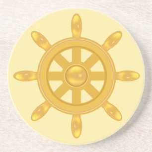 Golden ship wheel on champagne beige background coaster