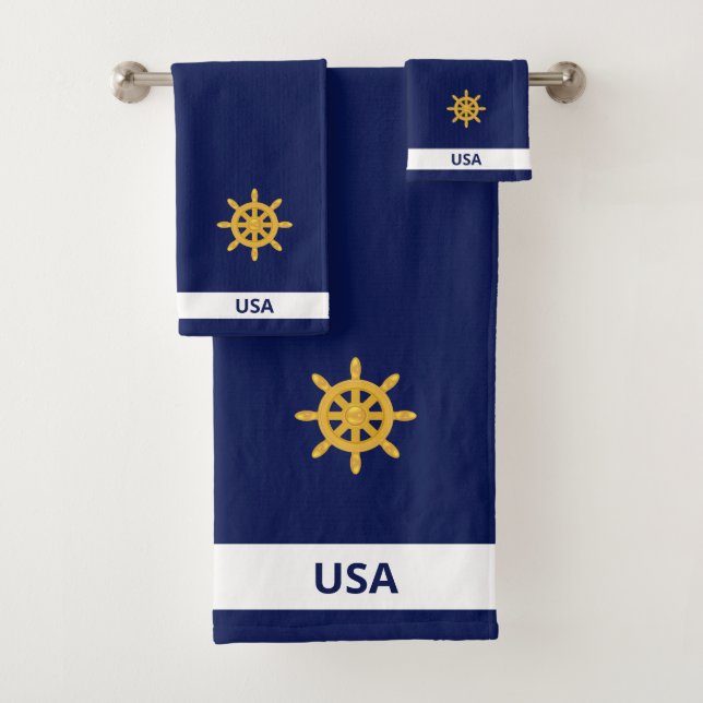 Golden Ship Wheel on Navy Blue Bath Towel Set (Insitu)