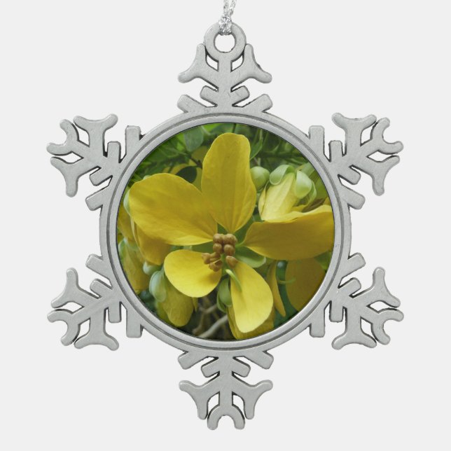 Golden Shower Tree Tropical Yellow Floral Snowflake Pewter Christmas Ornament (Front)