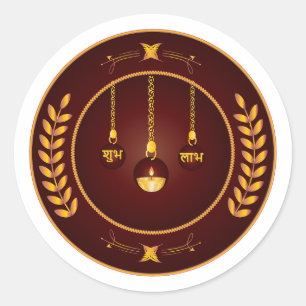 Golden Shubh Labh Diya Classic Round Sticker