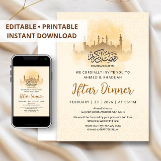 Golden Silhouette Mosque Geometric Iftar Dinner Invitation