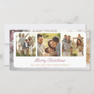Golden Silver Baby Pink Snowflake  3 Photo Collage Holiday Card
