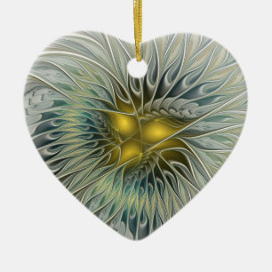 Golden Silver Flower Abstract Fractal Art Heart Ceramic Ornament