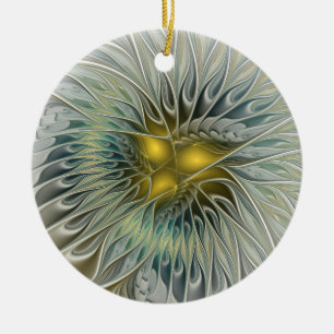 Golden Silver Flower Fantasy Abstract Fractal Art Ceramic Ornament