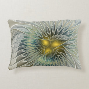 Golden Silver Flower Fantasy abstract Fractal Art Decorative Pillow