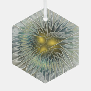 Golden Silver Flower Fantasy Abstract Fractal Art Glass Ornament