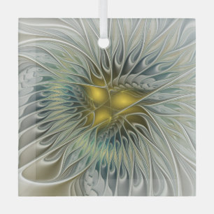 Golden Silver Flower Fantasy Abstract Fractal Art Glass Ornament