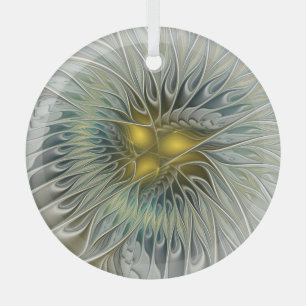 Golden Silver Flower Fantasy Abstract Fractal Art Glass Ornament