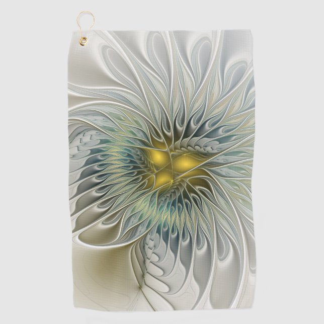 Golden Silver Flower Fantasy abstract Fractal Art Golf Towel (Front)