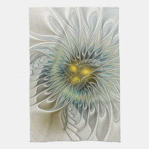 Golden Silver Flower Fantasy Abstract Fractal Art Kitchen Towel