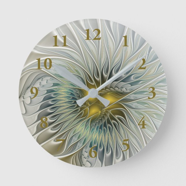 Golden Silver Flower Fantasy abstract Fractal Art Round Clock (Front)