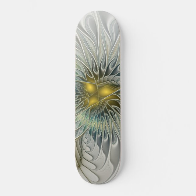 Golden Silver Flower Fantasy abstract Fractal Art Skateboard (Front)