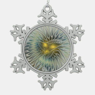 Golden Silver Flower Fantasy Abstract Fractal Art Snowflake Pewter Christmas Ornament