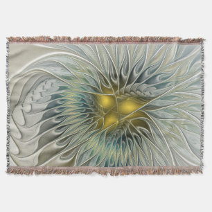 Golden Silver Flower Fantasy abstract Fractal Art Throw Blanket