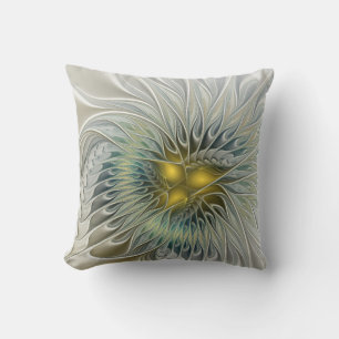 Golden Silver Flower Fantasy abstract Fractal Art Throw Pillow