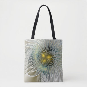 Golden Silver Flower Fantasy Abstract Fractal Art Tote Bag