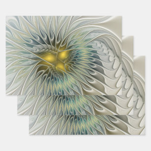 Golden Silver Flower Fantasy abstract Fractal Art Wrapping Paper Sheet