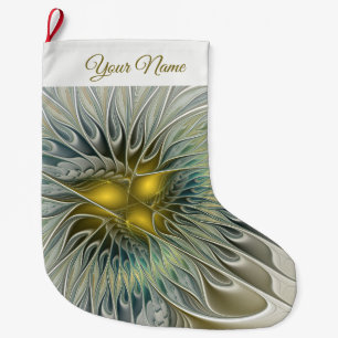 Golden Silver Flower Fantasy Abstract Fractal Name Large Christmas Stocking