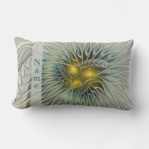 Golden Silver Flower Fantasy abstract Fractal Name Lumbar Pillow