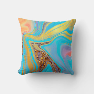 Golden Sky Flow – Blue & Gold Fluid Art Pattern Throw Pillow