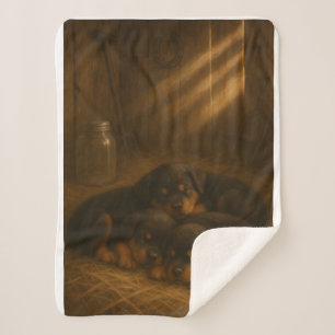 Golden Slumber: Rottweiler Puppies in the Barn Dog Sherpa Blanket