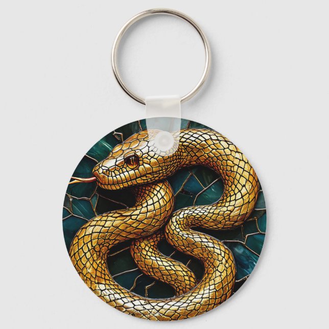 🐍💛 Golden Snake Stained Glass Charm ✨🔑 Keychain (Front)