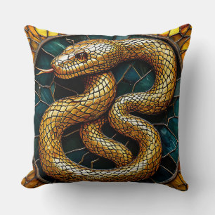 Golden snake stained glass throw pillow