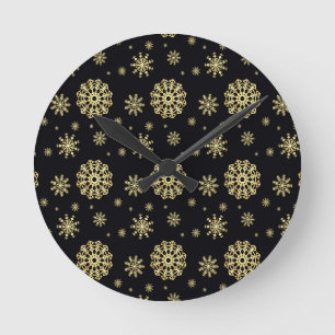 Golden Snowflak on Black Background Round Clock