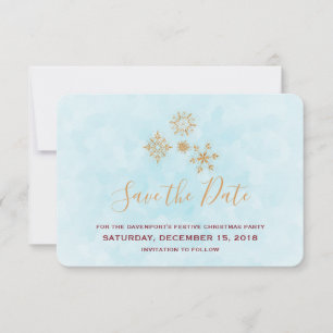 Golden Snowflake Crystals on Frosty Blue Back Invitation