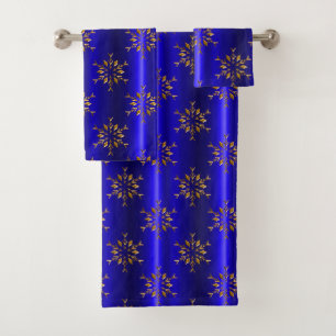 Golden Snowflake on Blue Christmas Bath Towel Set