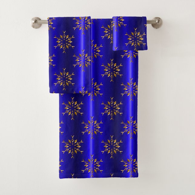 Golden Snowflake on Blue Christmas Bath Towel Set (Insitu)