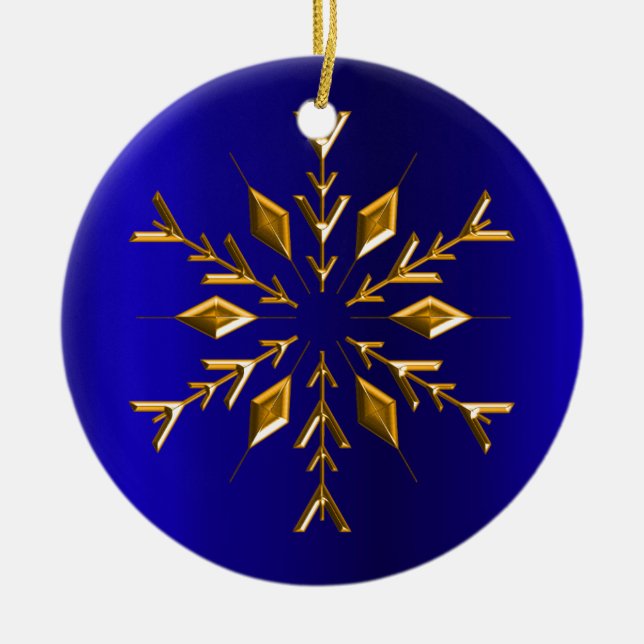 Golden Snowflake on Blue Christmas Ceramic Ornament (Front)