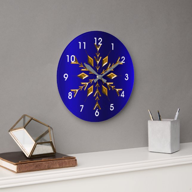 Golden Snowflake on Blue Christmas Large Clock (Office)
